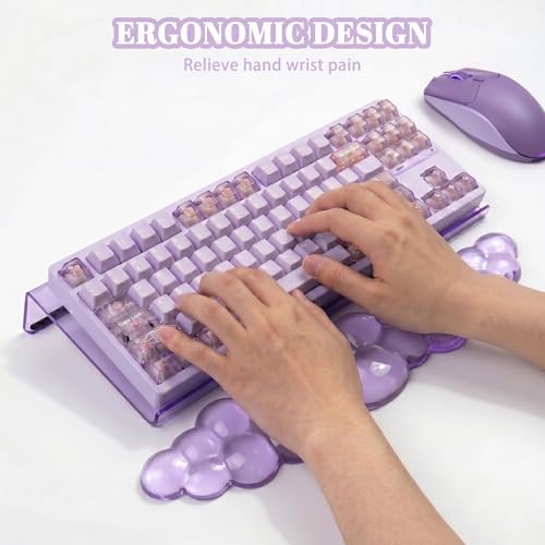 Acrylic Computer Keyboard Stand with Gel Cloud Wrist Rest Keyboard Riser with Comfortable Clear Silicone Mouse Wrist Pad Ergonomic Tilted Transparent Keyboard Holder for Desktop Office Purple