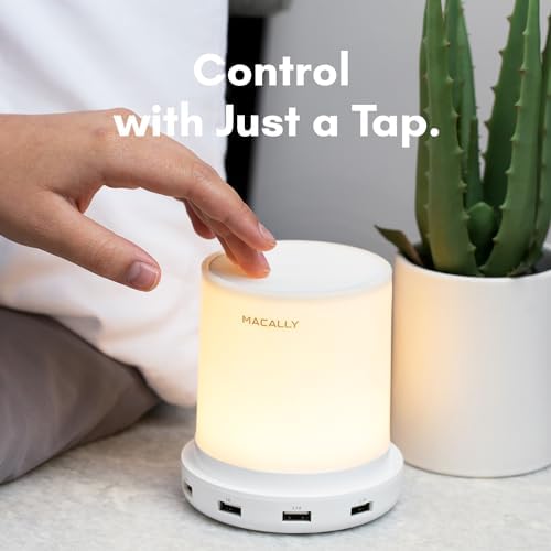 Macally Small Touch Lamps for Nightstand - Bedside Lamp with USB Port - 3 Way Dimmable Short Table Lamp for Small Spaces - Use as Night Light and Charger in Bedroom