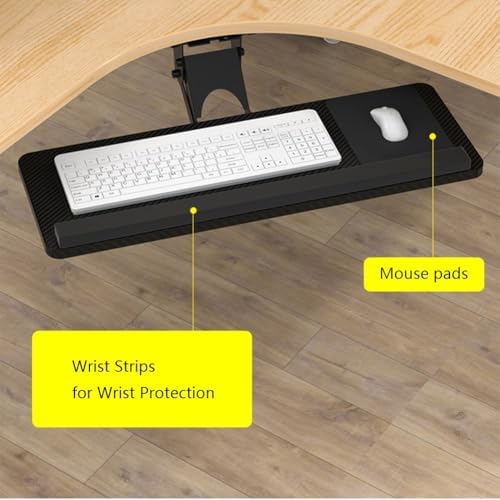 Under Desk Adjustable Keyboard Tray, Slide-Out Keyboard Platform, 360° Swivel, Pull Out and Tilt Computer Keyboard and Mouse Holder, Office Ergonomic Keyboard Drawer(Black,24x55cm/9.4x21.7in)