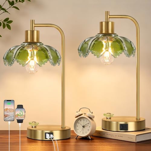 Glass Table Lamps Set of 2, Green Dimmable Bedside Lamps for Living Room