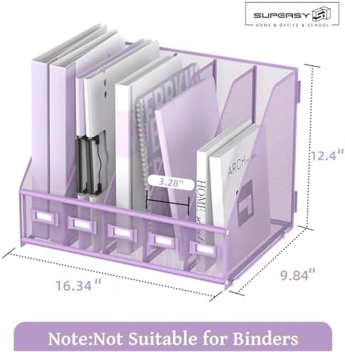 SUPEASY Desk Organizers Metal Desk Magazine File Holder with 5 Vertical Compartments Rack File Organizer for Office Desktop, Classroom, Home Workspace, Purple