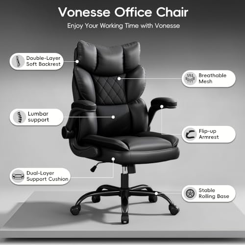 Vonesse Office Chair, Desk Chair with Flip-up Armrests, Gaming Chair with Double-Layered Soft Backrest,PU Leather Computer Executive Chair with Breathable Seat Cushion (Black)