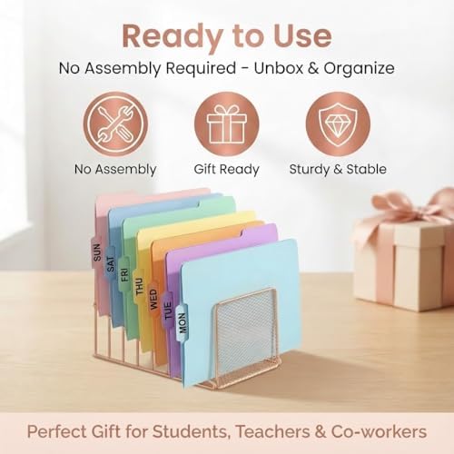 2 Pcs Incline File Sorter, 7 Slot Magazine Holder for Letter, Document, Folder and Book, Metal Desktop Organizer Rack for Home, School and Office (2-rose gold)