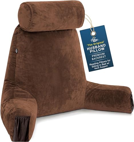 Husband Pillow Medium Reading Pillow with Arms - 23" Backrest for Sitting Up in Bed - Firm Support Bed Rest Pillow for Adults, Neck Roll, Removable Cover - TV, Reading, Lounging - Chocolate