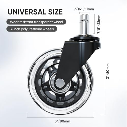 Office Chair Wheels - Replacement Rubber Wheels - Universal Fit 3" Casters