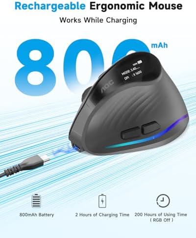 AOC Ergonomic Mouse, 2.4GHz Wireless Bluetooth Vertical Mouse, Rechargeable