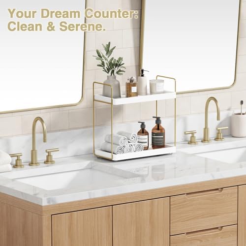 Forbena White and Gold Bathroom Counter Organizer, 2 Tier Makeup Vanity Organizer Countertop, Bathroom Sink Skincare Shelf Tray Organizers and Storage for Perfumes Lotions Kitchen Coffee Bar Decor