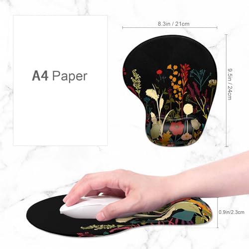 ITNRSIIET Ergonomic Mouse Pad Coaster Set with Gel Wrist Support Wrist Rest Smooth Surface Non-Slip PU Base Comfortable Office Supplies Pain Relief, 9.5 x 8.3 inches, Pretty Flowers Plants