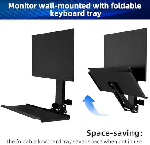 Monitor Wall Mount with Foldable Keyboard Tray for Mac mini/Small PCs Monitor and Keyboard Mount | 26" Curved Platform w/Mouse Space | Holds 17"-32" Screens-Black
