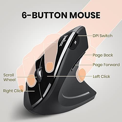 Perixx PERIMICE-713 Wireless Vertical Mouse - 6 Buttons Design - 3 Level DPI - Black - Right-Handed Design