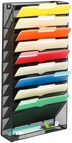 EASEPRES Desk File Organizer Mesh 11-Tier, Hanging Wall Mount Document Organization Stand, Desktop Vertical Mail Paper Folder Holder Rack with Bottom Tray for Office Home Cubicle Countertop, Black