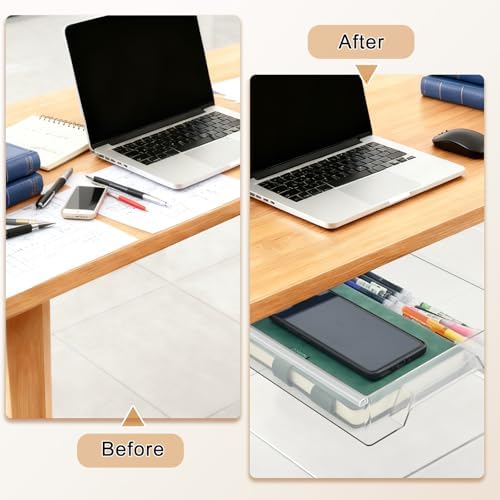 10.91"x 8.23" Under Desk Drawer Storage Organizer, Durable PC Material Self-Adhesive with Slide Out Rail, Hidden Hanging Desk Drawer for Office Supplies, Stationery, No Drilling Install, Clear