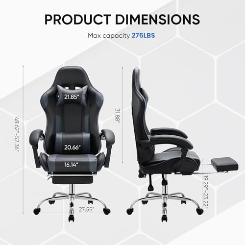NEWBULIG Computer Gaming Desk Chair - High Back Ergonomic Lumbar Support with Footrest and Headrest, Comfy PU Leather Recliner with Linkage Armrest, Height Adjustable and 360° Swivel, Grey