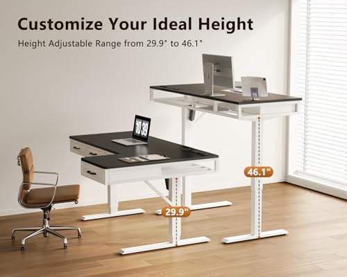 OffiGo 55 Inch L Shaped Standing Desk with 4 Wooden Drawers, White+Black
