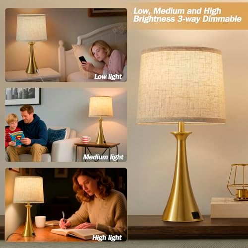 Touch Table Lamps Set of 2, 21" Bedside Lamps with USB C+A, Gold
