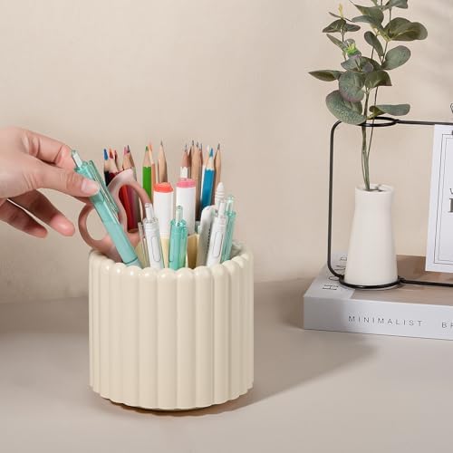Anyoifax Rotating Pen Holder for Desk Removable Pencil Cup, Small Beige