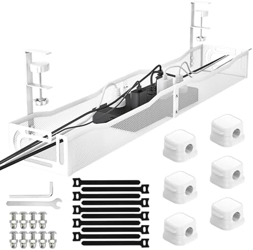 No Drill Under Desk Cable Management Tray, SONATURE 25.3" Cord Organizer for Table, Clamp Mount Desk Cable Management, Premium Carbon Steel Cable Organizer for Office, Home (White)