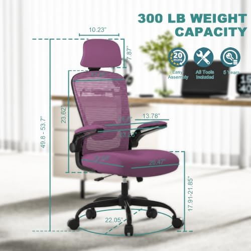 Mimoglad Office Chair, High Back Ergonomic Desk Chair with Adjustable Lumbar Support and Headrest, with flip-up Armrests for Guitar Playing, 5 Years Warranty (Modern, Orchid(Black Frame))