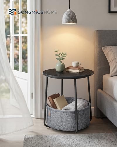 SONGMICS HOME Small Side Table, Round End Table, 2 Tier Nightstand with Basket, U Shaped Steel Legs, Easy Assembly, for Living Room, Bedroom, Black and Gray