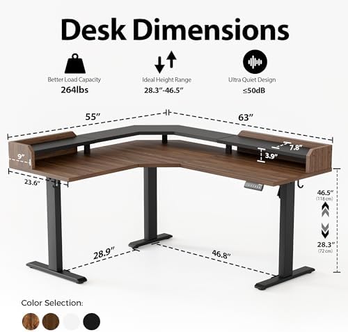 Agilestic 63 Inch L Shaped Electric Standing Desk with Shelf, Dark Walnut