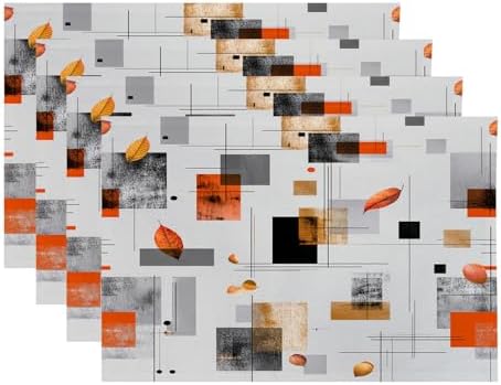 Structured Linear Abstract Linen Placemats, Autumn Geometric Modern Digital Gray Orange Table Mats for Table Washable Heat Insulation Thick Dining Mat, Indoor/Outdoor 12X18 in 4 Pcs