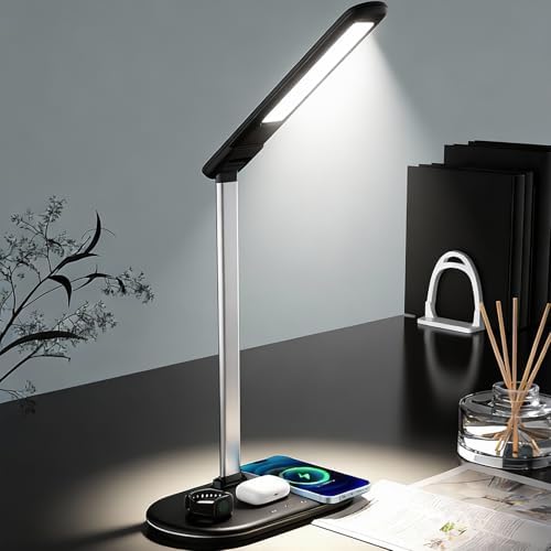 IHAO 3in1 Wireless Charging Eye-Care Desk Lamp 15W Fast Charging Station for Phone, Smartwatch & Earbuds, Touch Control Dimmable LED Light Adjustable Gooseneck, Modern Office Table Lamp-HYT2096 Black