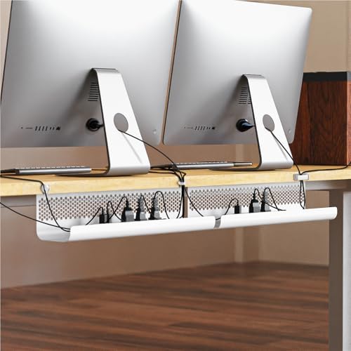 KHAMAL Cable Management Under Desk 26PCS - Cable Management Tray Kit Ventilated Hexagonal Design with Cable Clips, Wire Ties, Cord Holder & Screws for Office, Home - 2 White Sets