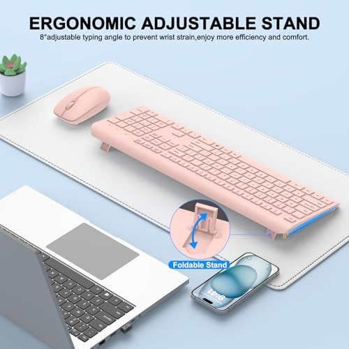 Wireless Keyboard and Mouse Combo, Full-Size Silent Ergonomic Keyboard and Optical Mouse, Long Battery Life, 2.4GHz Lag-Free Cordless Mice Keyboard for Computer, Mac, Laptop, PC, Windows(Pink)