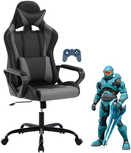 High Back Gaming Chair PC Computer Chair Office Chair for Adult Teen Kids, Ergonomic PU Leather Game Chair w/Lumbar Support Headrest Adjustable Rolling Swivel Desk Chair, Grey