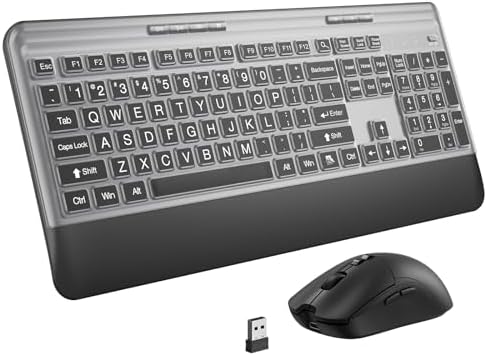 KOPJIPPOM Silent Wireless Keyboard and Mouse Combo - Keyboard with Large Print Cover, 2.4GHz Full-Sized Ergonomic Keyboard with Wrist Rest and Mouse for Laptop, PC, Notebook, Desktop