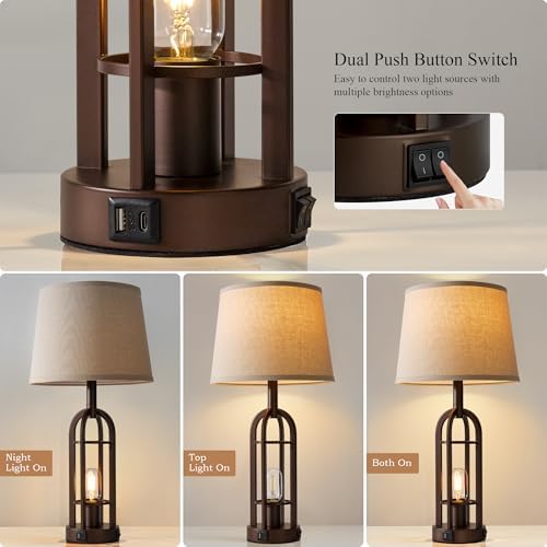 SRJJA 24" Industrial Table Lamps for Living Room Bedroom Set of 2, USB A+C