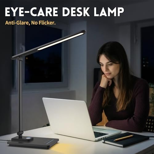 LED Desk Lamp for Home Office, USB Charging Port, Reading Desk Light with 5 Color Temperatures, Stepless Dimming, Table Lamp with Timer, Night Light, Foldable Desk Lamp for College Dorm Room (Black)