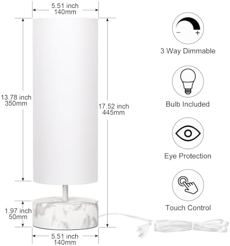 Touch Table Lamp with Marble Grain Metal Base, 3 Way Dimmable Bedside Lamp