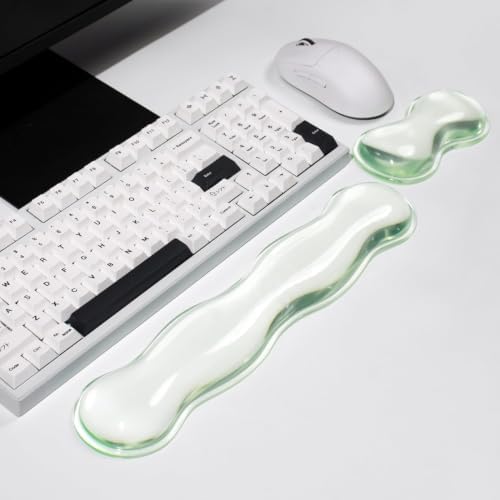Mouse Pad with Wrist Rest, Soft Cloud Gel Keyboard Mouse Pad Set with Hand Wrist Support, Cute Non Slip Office Desk Accessories for Comfort/Pain Relief/Computer/Laptop (Green Wave)