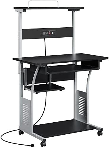 Topeakmart Rolling Computer Desk with Charging Station and 2 USB Ports for Small Space, Study Writing Desk with Keyboard Tray and Printer Shelf for Home Office, Compact Study Table with Wheels, Black