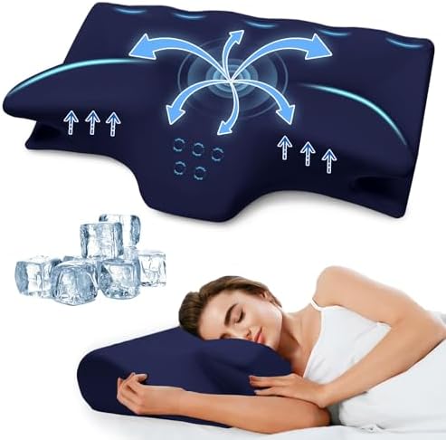 Cooling Contour Memory Foam Pillows Support Odorless Ergonomic Neck Pillow Adjustable Orthopedic Bed Pillow for Side Back Stomach Sleeper Cervical Pillow for Neck Pain Relief,with Pillowcase,Navy