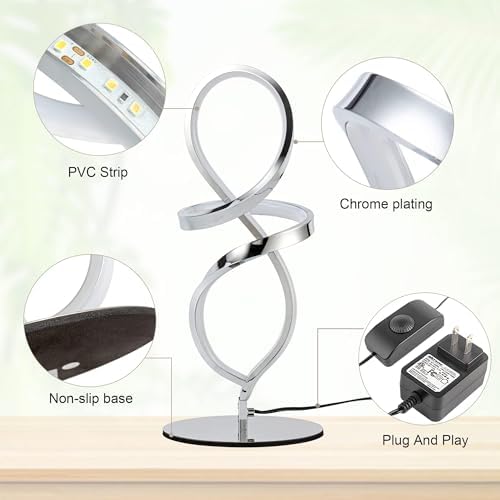 Modern Small Table Lamp with LED Spiral Design, 12W Chrome Nightstand Lamp
