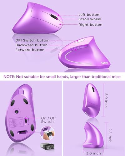 Lekvey Ergonomic Mouse, Rechargeable Vertical Wireless Mouse, Purple