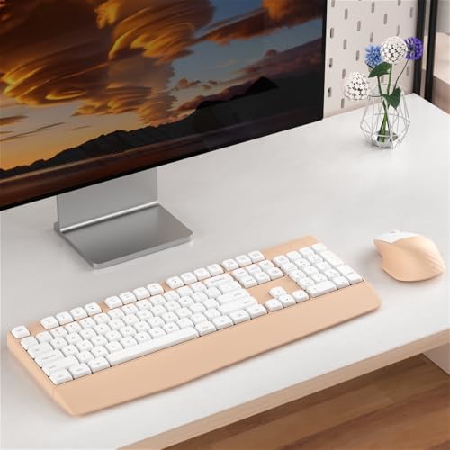 Ergonomic Wireless Keyboard and Mouse Combo with Wrist Rest, White Milk Tea