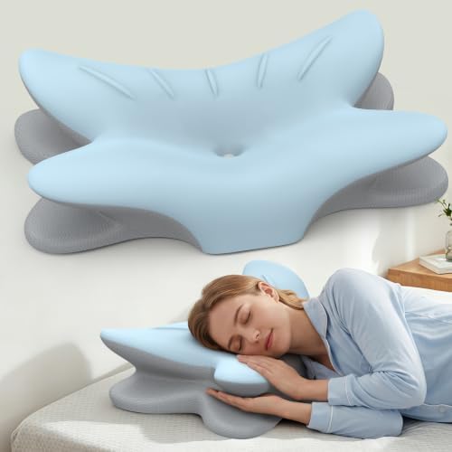 Cervical Neck Pillow for Pain Relief, Bed Pillows for Sleeping, Ergonomic Cooling Pillow, Orthopedic Contour Pillow for Side Back Stomach Sleepers (Sky Blue & Grey)