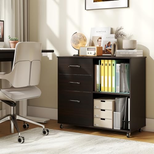 Giantex 3-Drawer Mobile File Cabinet, Rolling Printer Stand with Open Storage Shelves, Under Desk Lateral Filing Cabinet for Letter/A4 Size, Wooden Office Organizer with Wheels for Home Office (Brown)