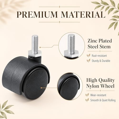 BBTO 8 Pcs 2 Inch M6 Swivel Stem Casters Wheels Replacement, M6 Threaded Stem Caster, Heavy Duty 360° Standing Desk Wheels, No Noise, Black Nylon, for Cart Furniture Table Cabinet Shelf