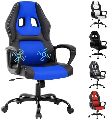 Blue Massage Gaming Chair for Kids, Ergonomic Office Chair Computer Chair with Adjustable High Back & Armrest, PU Leather Gamer Chair with 360°Swivel, Heavy Duty Gaming Chairs for Adults, Teens