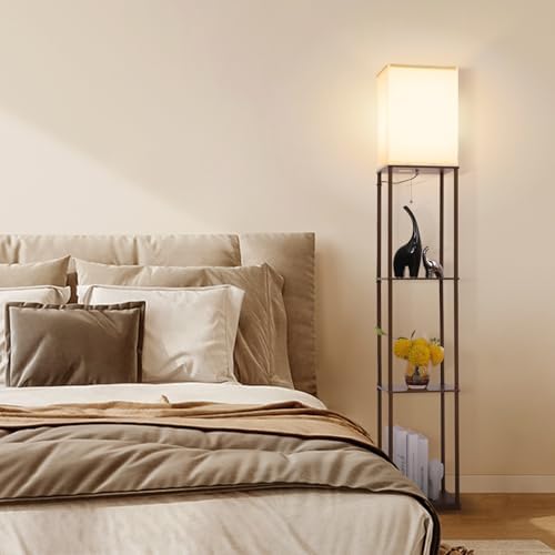 Gupuzm Floor Lamp with Shelves, Modern Square Standing Lamp with 3 Color Temperature Bulb, Corner Display Bookshelf Lamp for Living Room, Bedroom and Office(Brown-2 Pack)