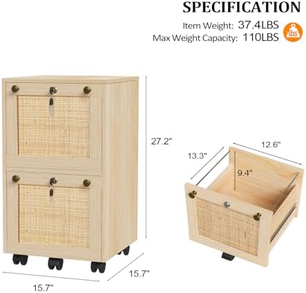 VINGLI 2 Drawer File Cabinet with Lock, Rolling File Cabinets for Home Office, Small Printer Stand, Wood Rattan Oak File Organizer, Under Desk Filing Cabinet on Wheels for Folders with Tabs