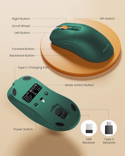 ProtoArc EM15 USB C Mouse, Tri-Mode Bluetooth Mice for Laptop, Green