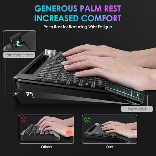 Full-Size Ergonomic Keyboard and Mouse, 2.4GHz Wireless Keyboard and vertical Mouse with Tablet Phone Holder, Wrist Rest for Computer Mac PC Laptop Chromebook, Black