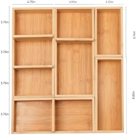 Bamboo Drawer Organizers Set with Removable Dividers, 5PCS Adjustable Multi-Use Wood Storage Organizers(5-9 Grids), Desk Drawer Tray for Bathroom, Office, Dresser, Storage Box for Jewelry, Makeup
