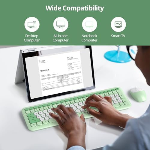 surmen Green Keyboard and Mouse Wireless, Cute Wireless Typewriter Keyboard, Full Size Slim Silent Round Keys Aesthetic for Home and Office(Colorful Green)