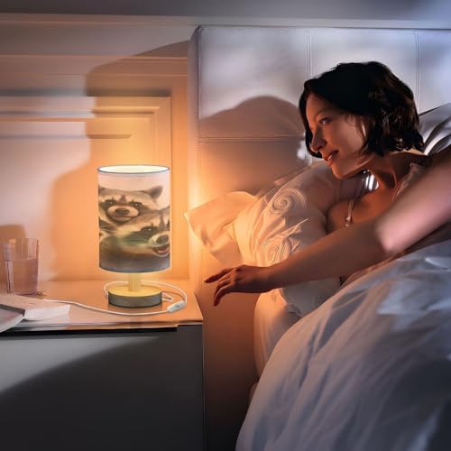 Bedside Lamp Raccoon Family Table Lamp for Bedroom LED Nightstand Lamp Shade USB Ports Wood Base for Living Room Dorm Office